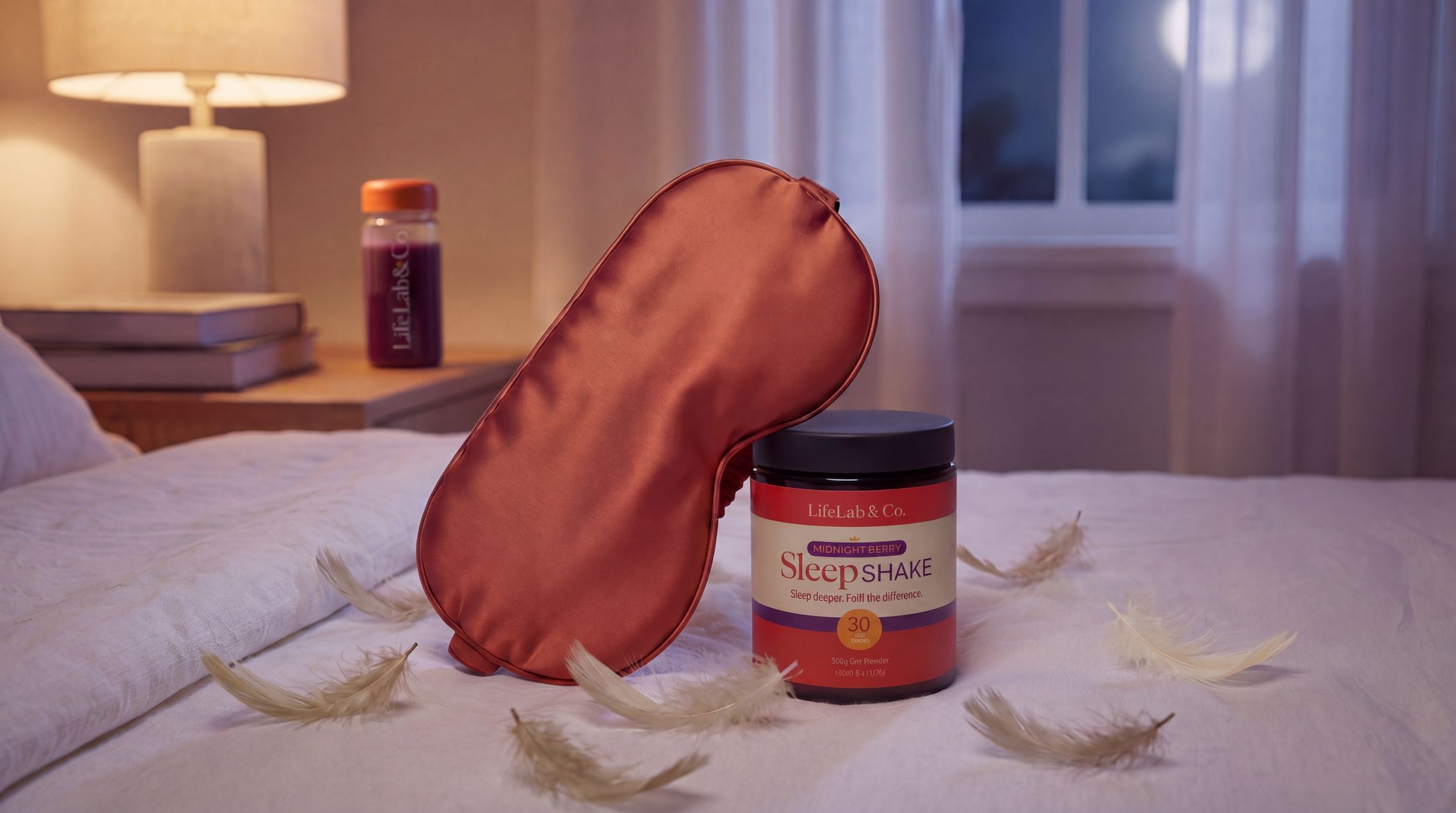 SleepShake jar and a sleep mask on a bed in soft evening light