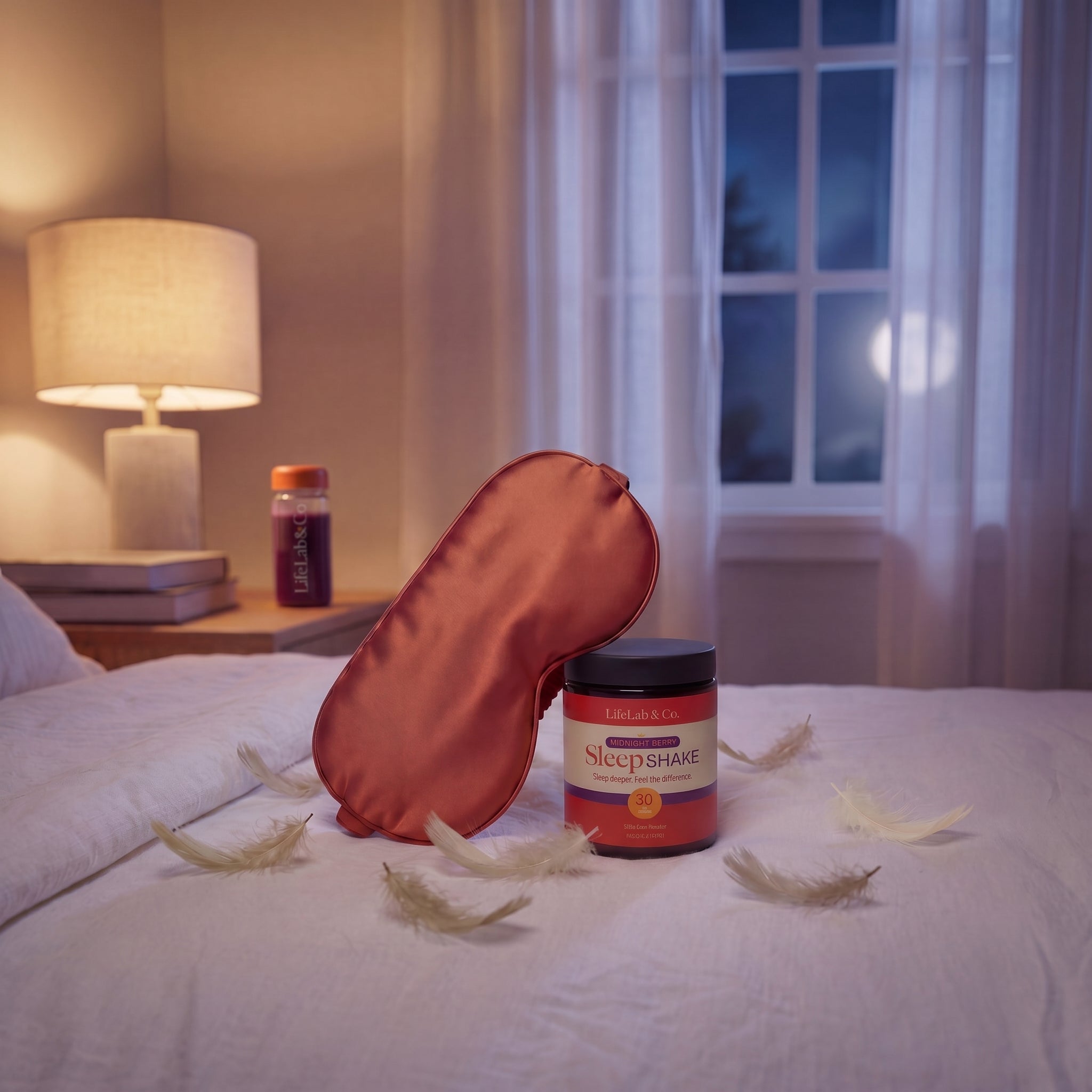 LifeLab&Co SleepSHAKE Midnight Berry natural sleep supplement powder jar and silk sleep mask on a cosy bed, with feathers and moonlit window in the background.