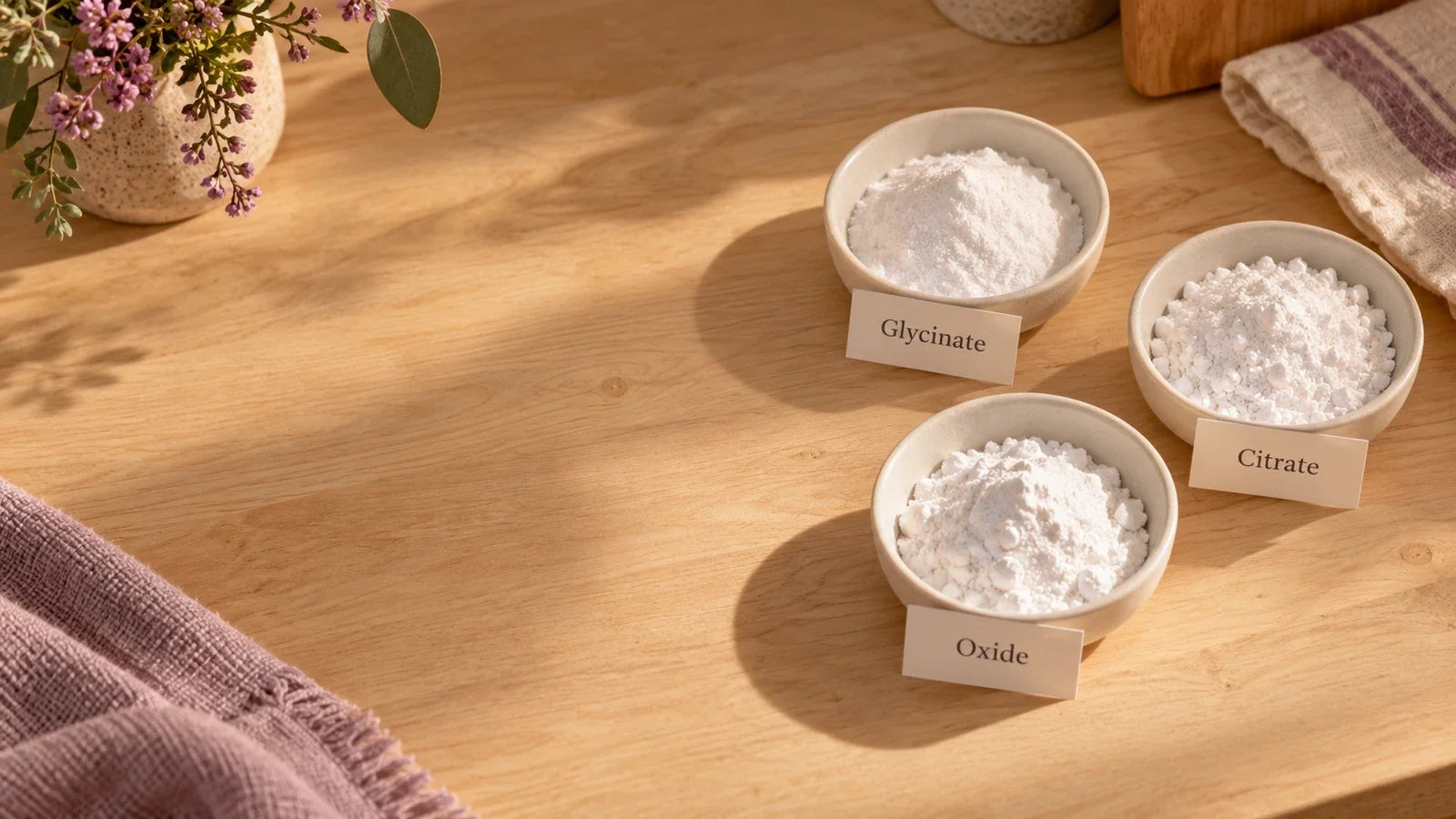 Three dishes of white magnesium powder labelled glycinate, citrate and oxide on a pale timber bench