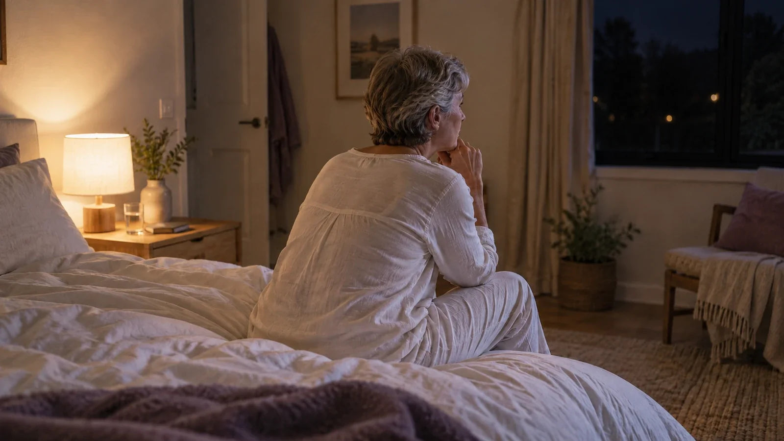 Woman sitting on her bed in soft lamplight, with a glass of water and a book on the bedside table