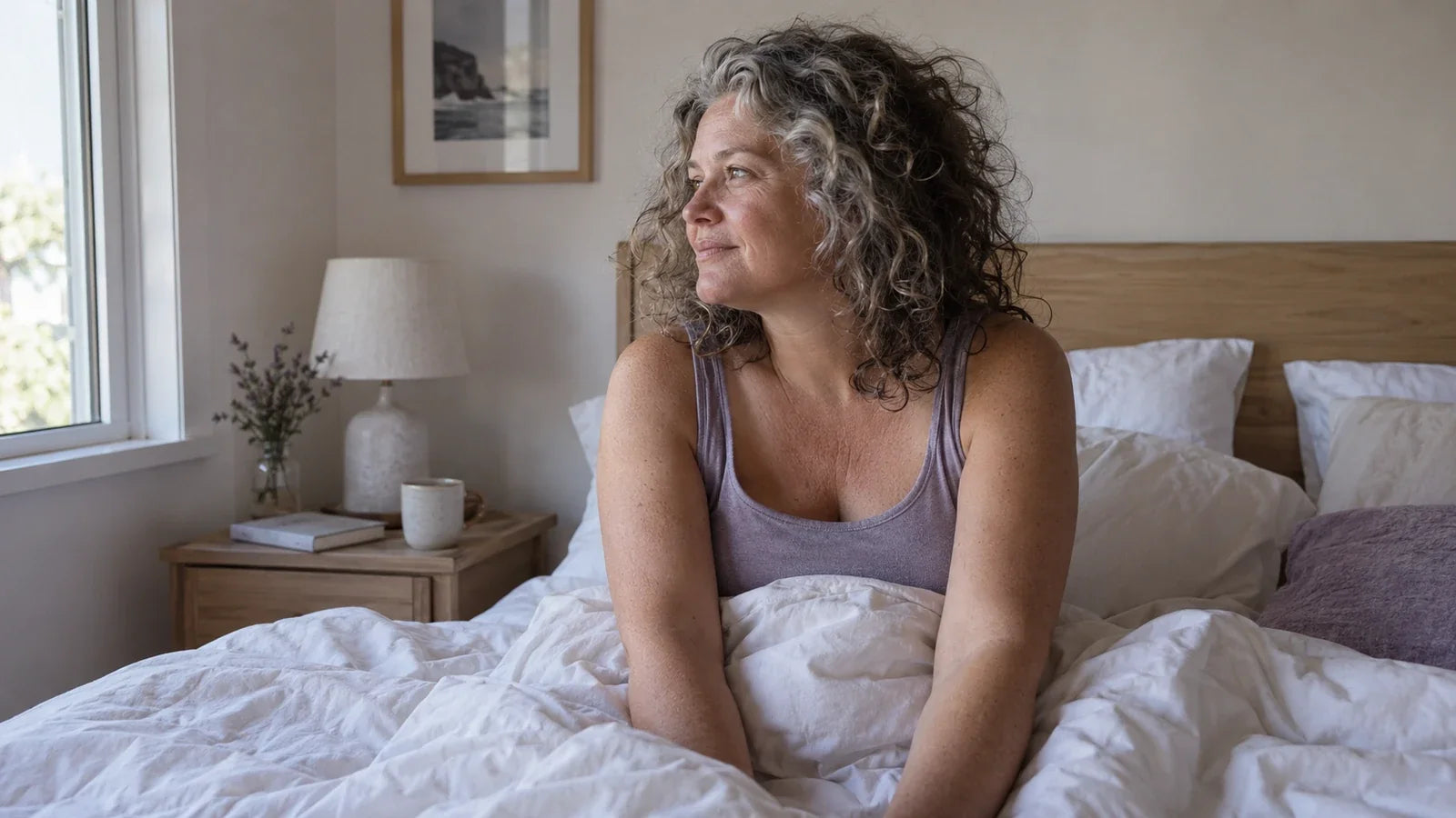 Woman waking calmly in soft morning light
