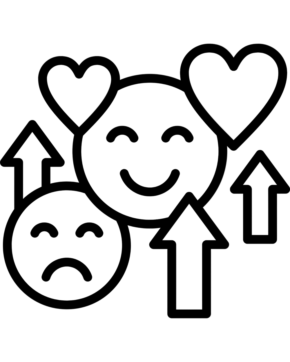 Black and white illustration of a happy face with hearts and sad face with arrows on a white background
