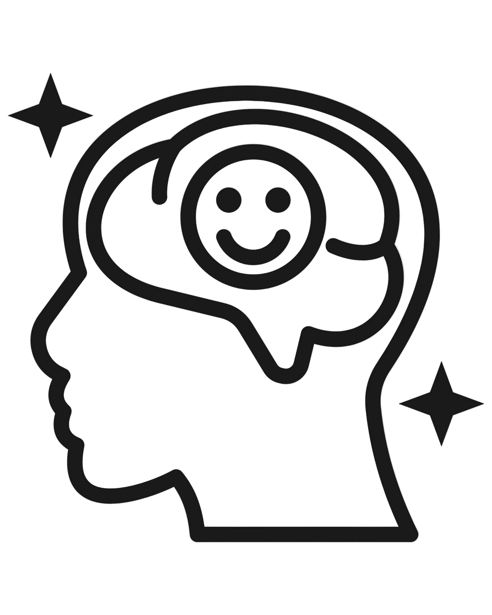 Black silhouette of a head with a smiling brain inside, surrounded by stars on a white background